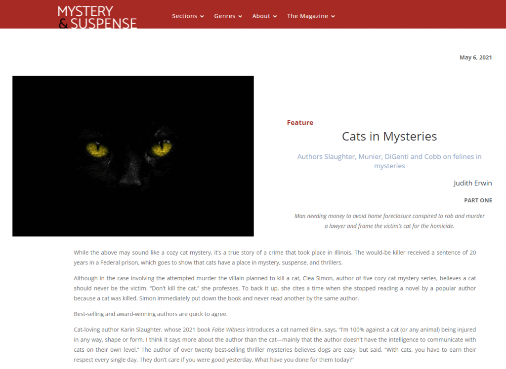 A screenshot of an article by Judith Erwin in Mystery & Suspense Magazine.